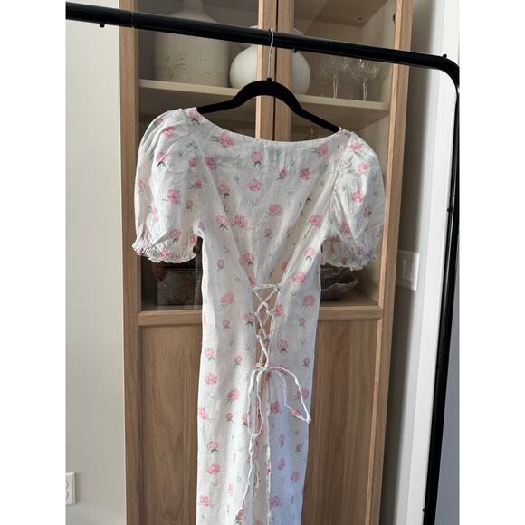 SLEEPER MARQUISE LINEN Midi DRESS IN ROSES Small Corset Lace Up Slit - Picture 5 of 10